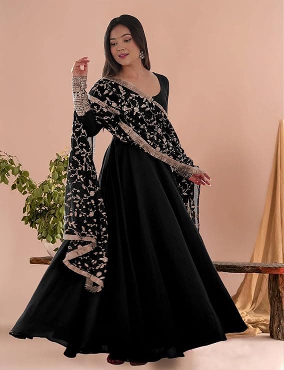 Zariya Women’s Embroidered Anarkali Gown with Dupatta