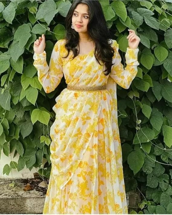 FloraStyle Women’s Printed Anarkali Gown with Dupatta & Belt