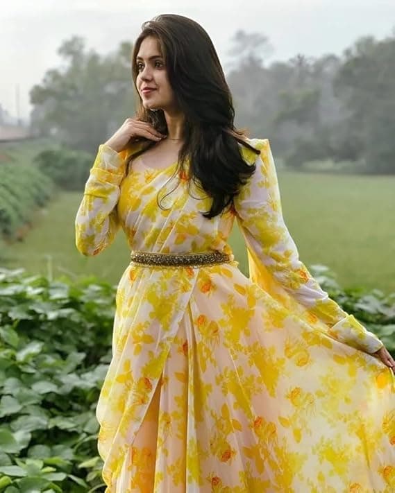 FloraStyle Women’s Printed Anarkali Gown with Dupatta & Belt