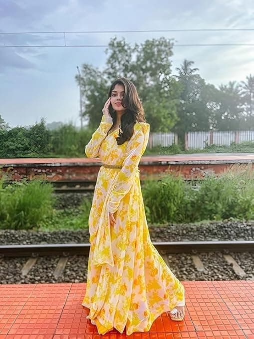 FloraStyle Women’s Printed Anarkali Gown with Dupatta & Belt