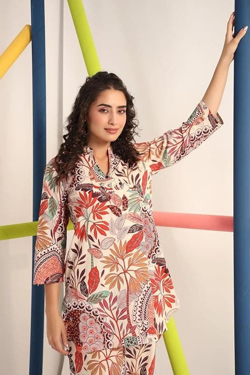 EthniQ Women’s Printed Short Kurti with Pant Set