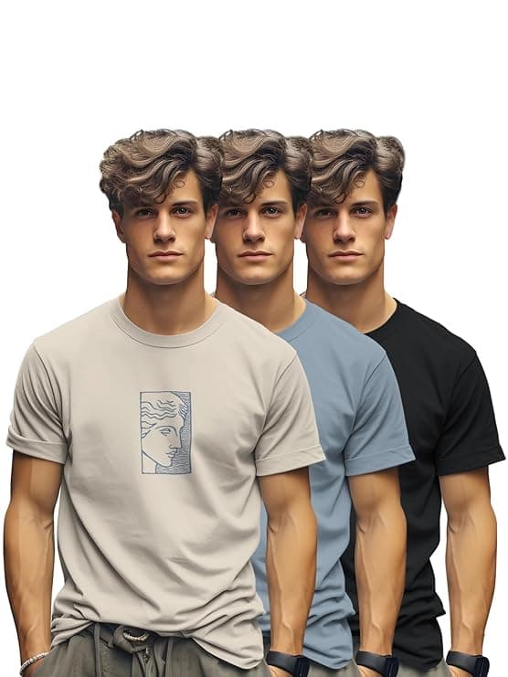 BULLMER Trendy Printed Cotton Blend Crew Neck/Round Neck Half Sleeve Tsh...